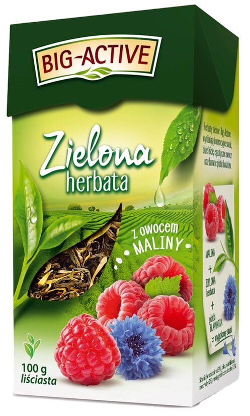 Big-Active Herbata Zielona z Owocem Maliny beramā zaļā tēja ar avenēm 100 g